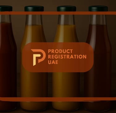 beverage items on a wooden table with the Product Registration UAE logo overlay in orange tones.