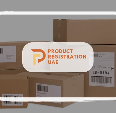 Cardboard shipping boxes with barcode labels stacked, representing UAE product registration and packaging compliance.