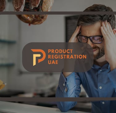 Frustrated business owner, symbolizing product registration rejection in UAE, with Product Registration UAE logo.