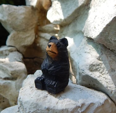 a black bear cubby sitting on a rock formation