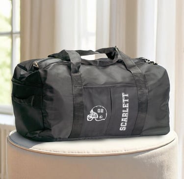 a duffel bag with a helmet on it
