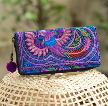 One of a Kind Hmong Hill Tribe Embroidered Women Wallet Purse with Pom Pom Zip Pull