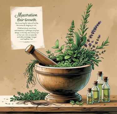 a wooden bowl with herbs and oil jars