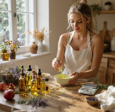 a woman in a white apron and a bowl of food and oil bottle