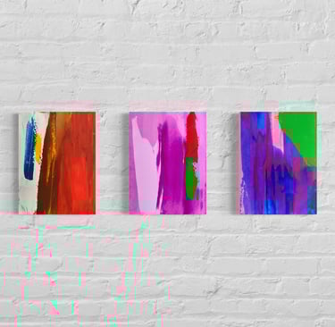 three paintings of abstract paintings of colorful paint on a brick wall