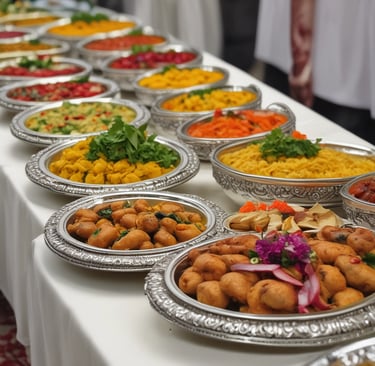 A food stall setup featuring large brass pots, stacks of ceramic plates, and a variety of Indian street food items, including a large tray of seasoned rice garnished with onions and spices. Plastic bags full of crispy snacks are placed nearby, with a person serving them into smaller containers.