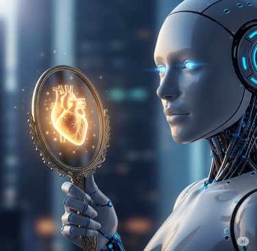 AI seeing a human heart in its reflection, symbolizing ethical alignment with hermetixai.