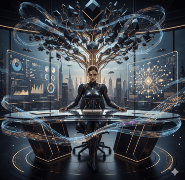 Female AI writer generating high-quality SEO content connected - knowledge graphs & AI search engine