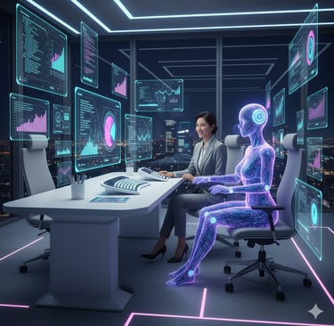 AI assistant automating business tasks alongside human professional — HermetixAI course image.