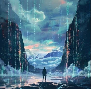 A human stands on edge of a digital world, symbolizing AI aligned with human purpose and evolution.