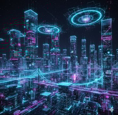 Futuristic AI-powered business architecture concept with self-running systems.