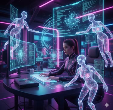 “Developer using AI coding assistants like Replit and Tabnine with glowing holographic code symbols