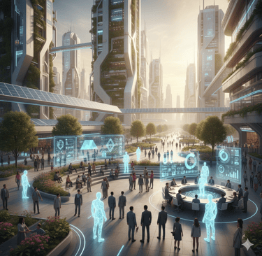 AI agents portrayed as responsible digital citizens working alongside humans in future societies.