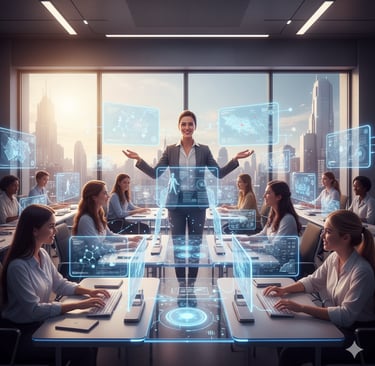 AI-powered classroom with digital assistants supporting student learning.