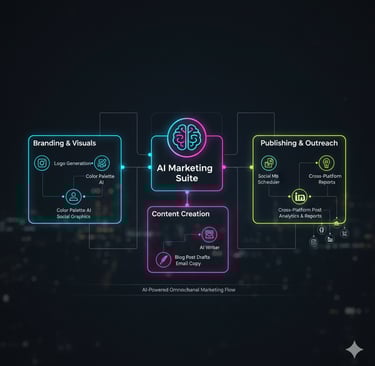 Integrated AI marketing system showing interconnected automation tools.