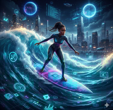 Entrepreneur surfing AI-data waves symbolizing sustainable business growth from the best AI course.