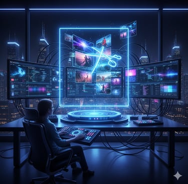 AI editing tools automatically cutting and polishing video clips.