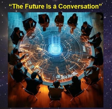 Humans and AI collaborating around a glowing table, symbolizing ethical and visionary intelligence.
