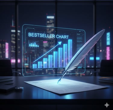 AI-powered quill drafting text that transforms into a bestselling book chart.