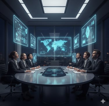 AI-powered presentation tools showing futuristic slides in a modern boardroom.