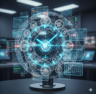 AI-powered scheduling tools reshaping time management with glowing futuristic calendars.