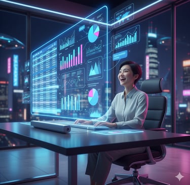 AI spreadsheet transforming raw numbers into holographic charts and insights.
