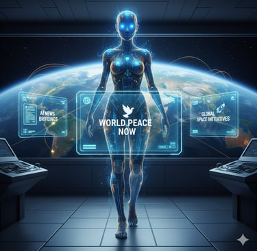 Female AI agent glowing with blue light, embodying integrity, purpose, & awareness — best AI course.