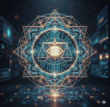 Hermetix AI principle visual combining ancient wisdom  modern artificial intelligence with integrity