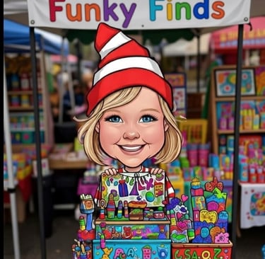 a cartoon character with a wheres wall hat under a banner with a market stall