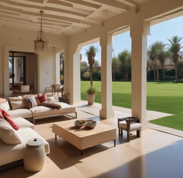 An aerial view of a serene tropical villa surrounded by lush greenery. The villa features traditional thatched roofs with red accents and a rectangular swimming pool. A path leads through well-manicured gardens filled with palm trees and vibrant plants. There are umbrellas and seating areas around the pool area, providing a tranquil, vacation-like atmosphere.