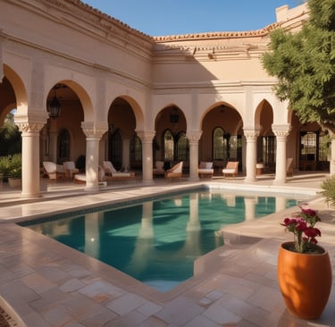 A picturesque villa is nestled on the edge of a lush, forested hill overlooking a calm body of water. The building features a classic architectural style with light-colored walls and a terracotta roof. Surrounding the villa are meticulously maintained gardens and several sculpted trees. The backdrop consists of verdant hills and distant mountains under a partly cloudy sky.