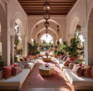 A large, rustic villa complex surrounded by lush greenery and tall palm trees. It features traditional thatched roofs and wooden structures, set against a backdrop of forested hills.