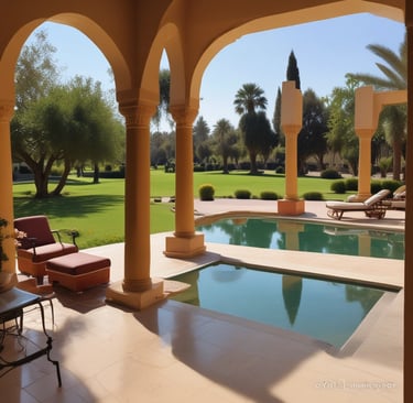 A large villa with yellow and terracotta tones sits alongside a clear, turquoise body of water. The multi-story building has various arches, balconies, and terraces, surrounded by lush green hills. People can be seen engaging in water activities, including a small boat near the villa. A smaller building with a tower is visible in the background amidst the greenery.