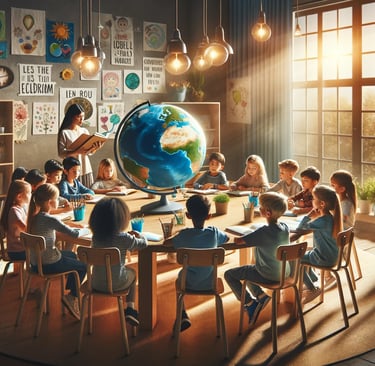 a group of people sitting around a table with a globe