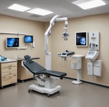 A hospital room containing an MRI machine surrounded by overhead lights and various medical equipment. The room has a clean and clinical environment with red cabinets on the left and diagnostic machines on the right.