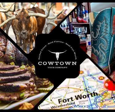 Collage showing a longhorn, ostrich boots, a map showing Fort Worth, and plate of brisket