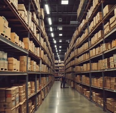 A man walking down a long aisle of shelves with boxes of boxes
