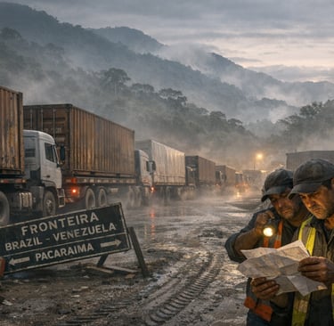 two men standing in front of a truck - Desafios logisticos Brasil Venezuela