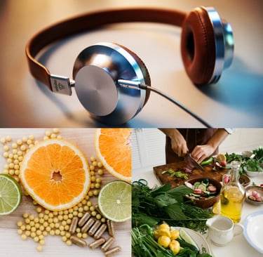 Collage of premium over-ear headphones, fresh citrus fruit with vitamin supplements, and a chef preparing a healthy salad.