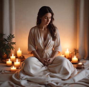 A woman practicing mindfulness meditation surrounded by glowing candles in a peaceful spa setting.