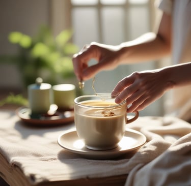 Hands stirring a creamy latte in a glass mug on a sunlit wooden table with a cozy morning atmosphere.