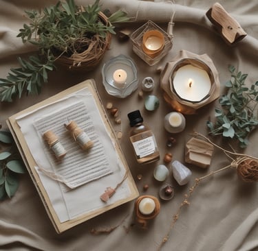 aromatic candles, essential oils, and dried herbs on a beige linen surface for aromatherapy.