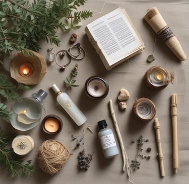 Flat lay of natural wellness products, essential oils, candles, and dried herbs on a beige fabric.