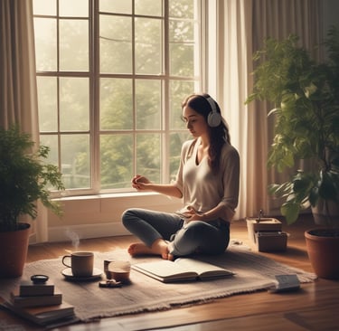 A woman wearing headphones meditates by a window with a cup of coffee and an open book.