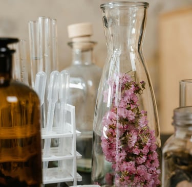 Pink dried flowers in a glass laboratory flask next to apothecary bottles and test tubes.