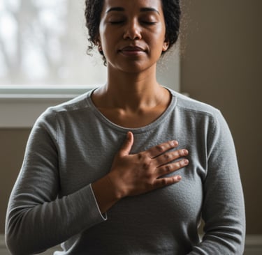 A woman practicing mindful meditation and deep breathing exercises with her hand on her chest.