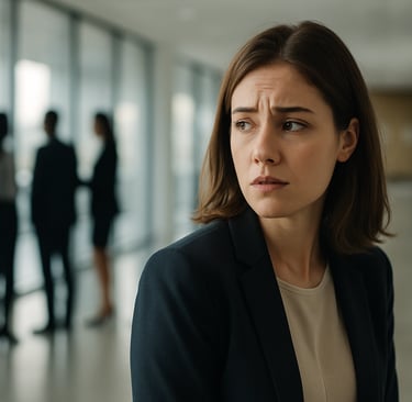 a woman in a suit looking back at the team she must now lead