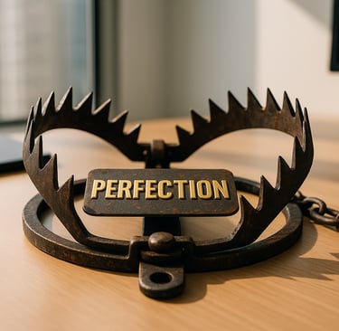 a trap sitting on a desk with the word "perfection as the bait in the trap.