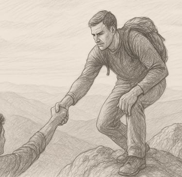 Leader helping another to the summit