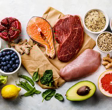 a variety of foods including protein rich meats/nuts, fruits and vegetables